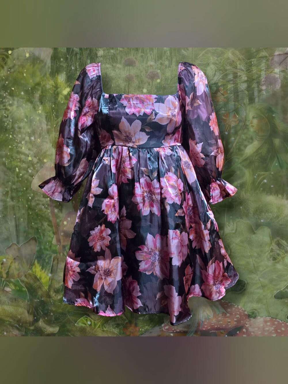 Square-Neck Puff-Sleeve Floral Mini Dress — Black with Pink Blooms